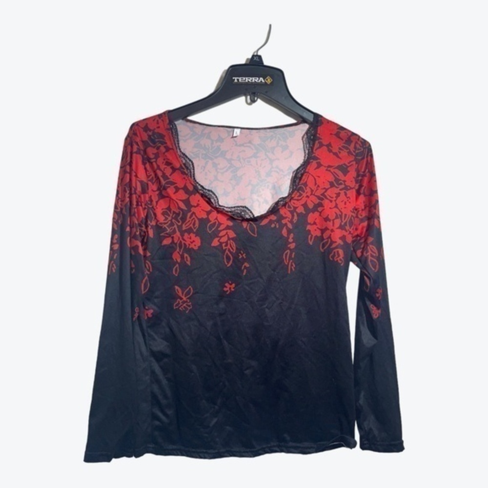 Unbranded Womens Long Sleeve Top Black Red Floral Scoop Neck Lightweight Size La